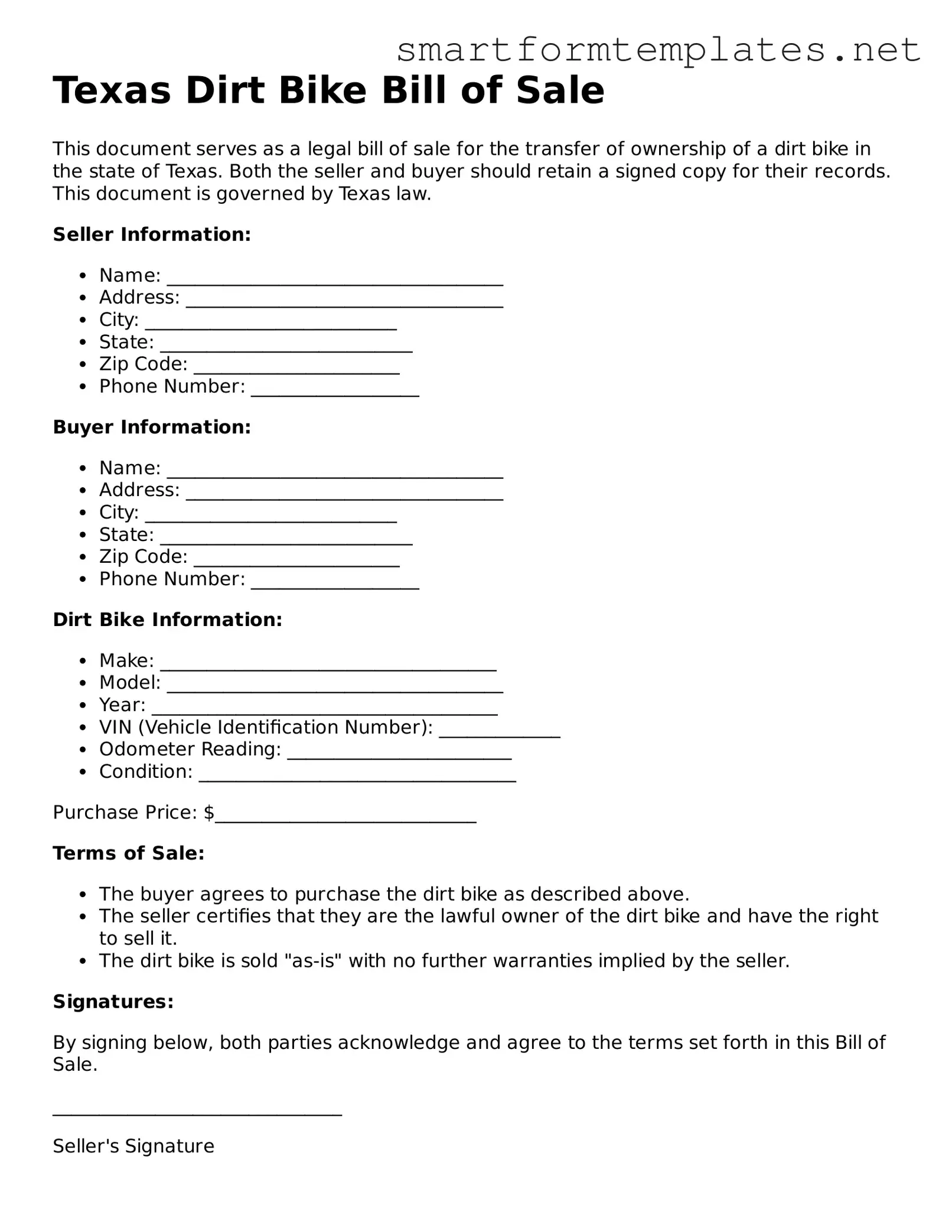 Official Texas Dirt Bike Bill of Sale Form