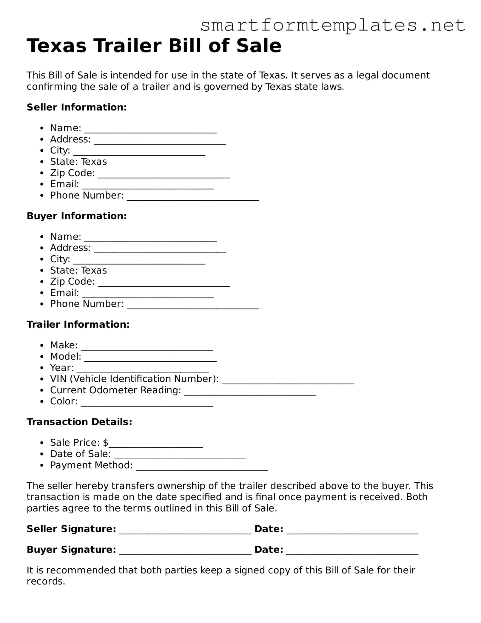 Official Texas Trailer Bill of Sale Form