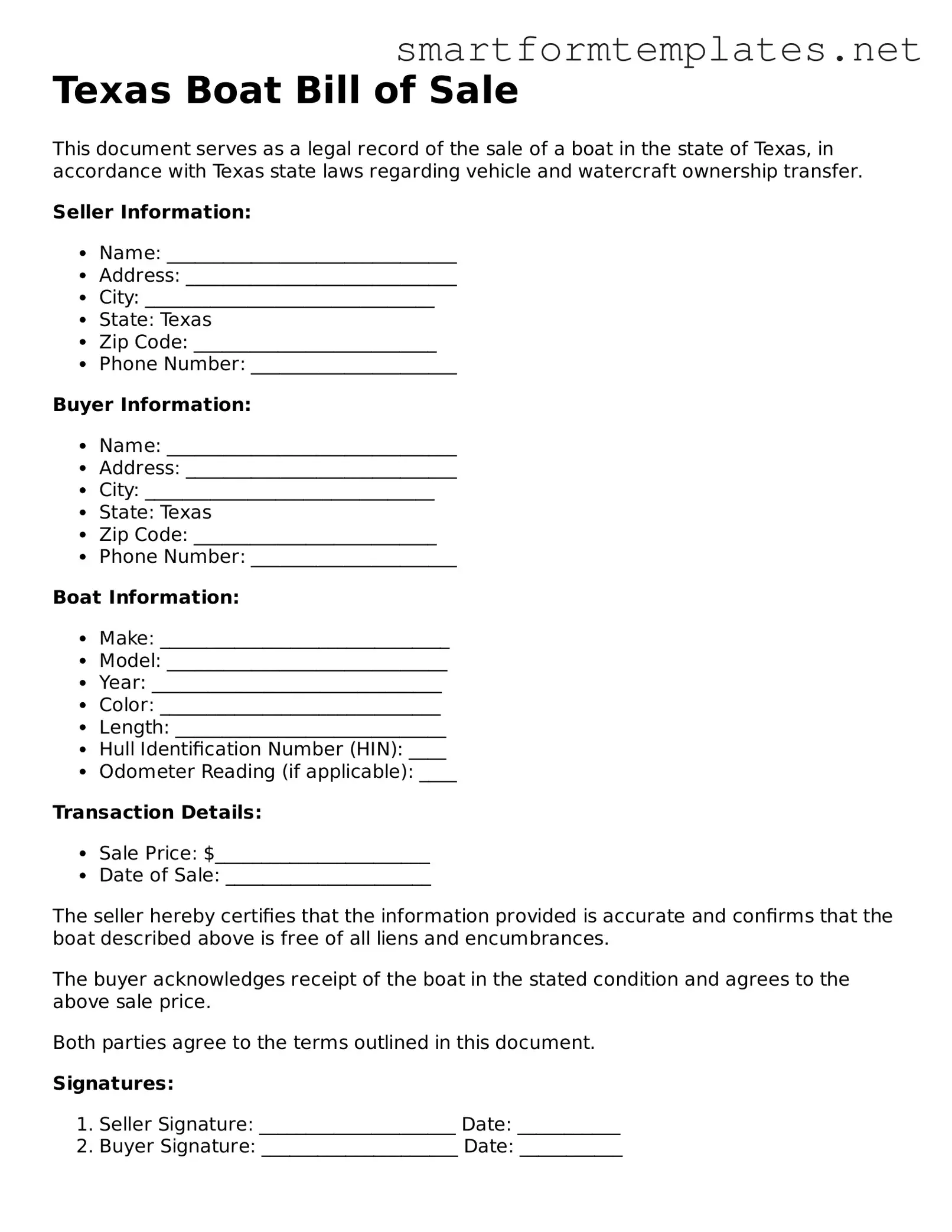 Official Texas Boat Bill of Sale Form