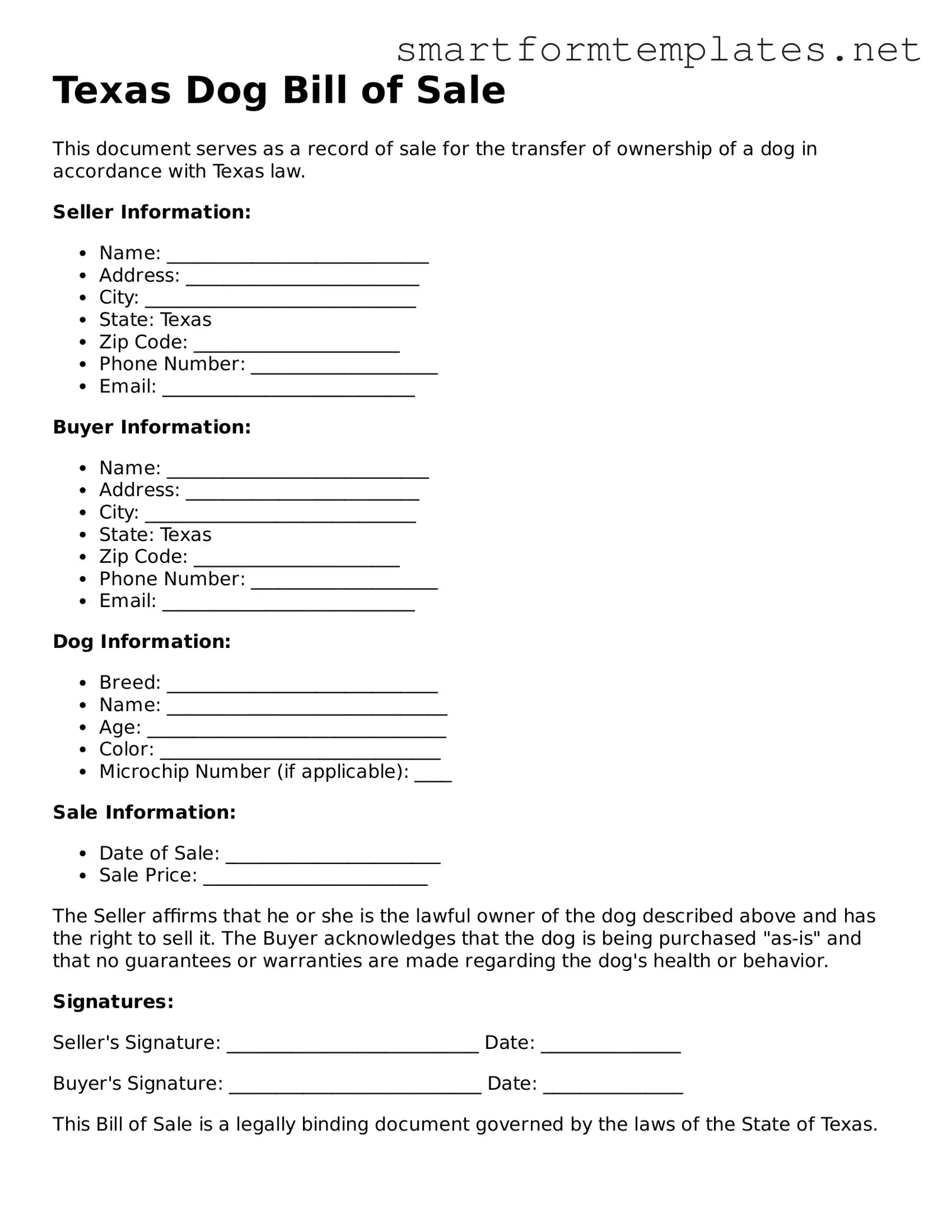 Official Texas Dog Bill of Sale Form
