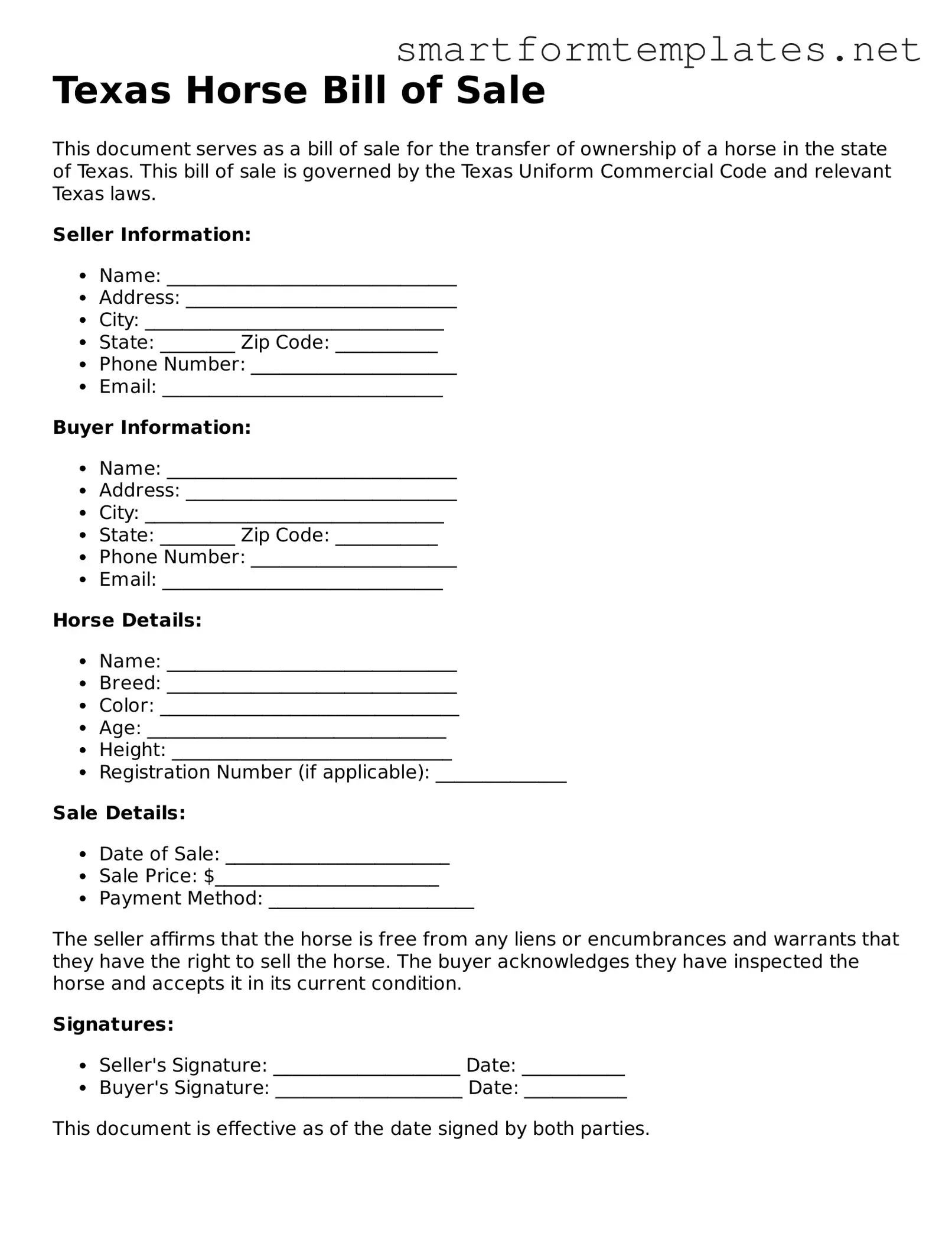 Official Texas Horse Bill of Sale Form