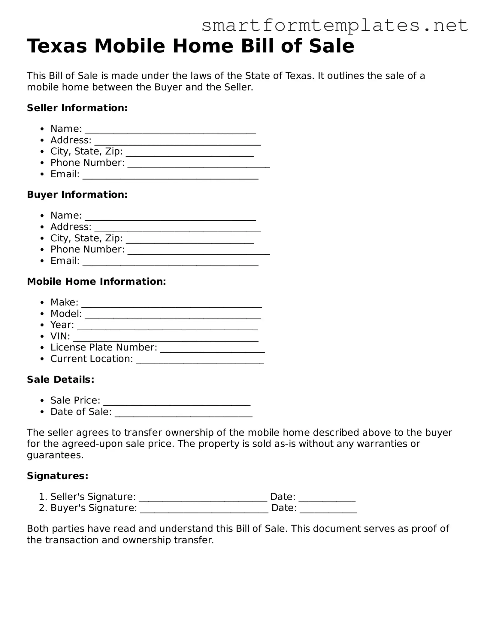 Official Texas Mobile Home Bill of Sale Form