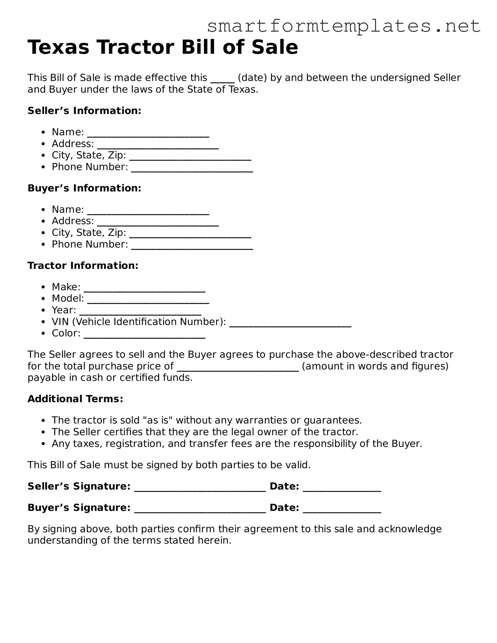 Official Texas Tractor Bill of Sale Form