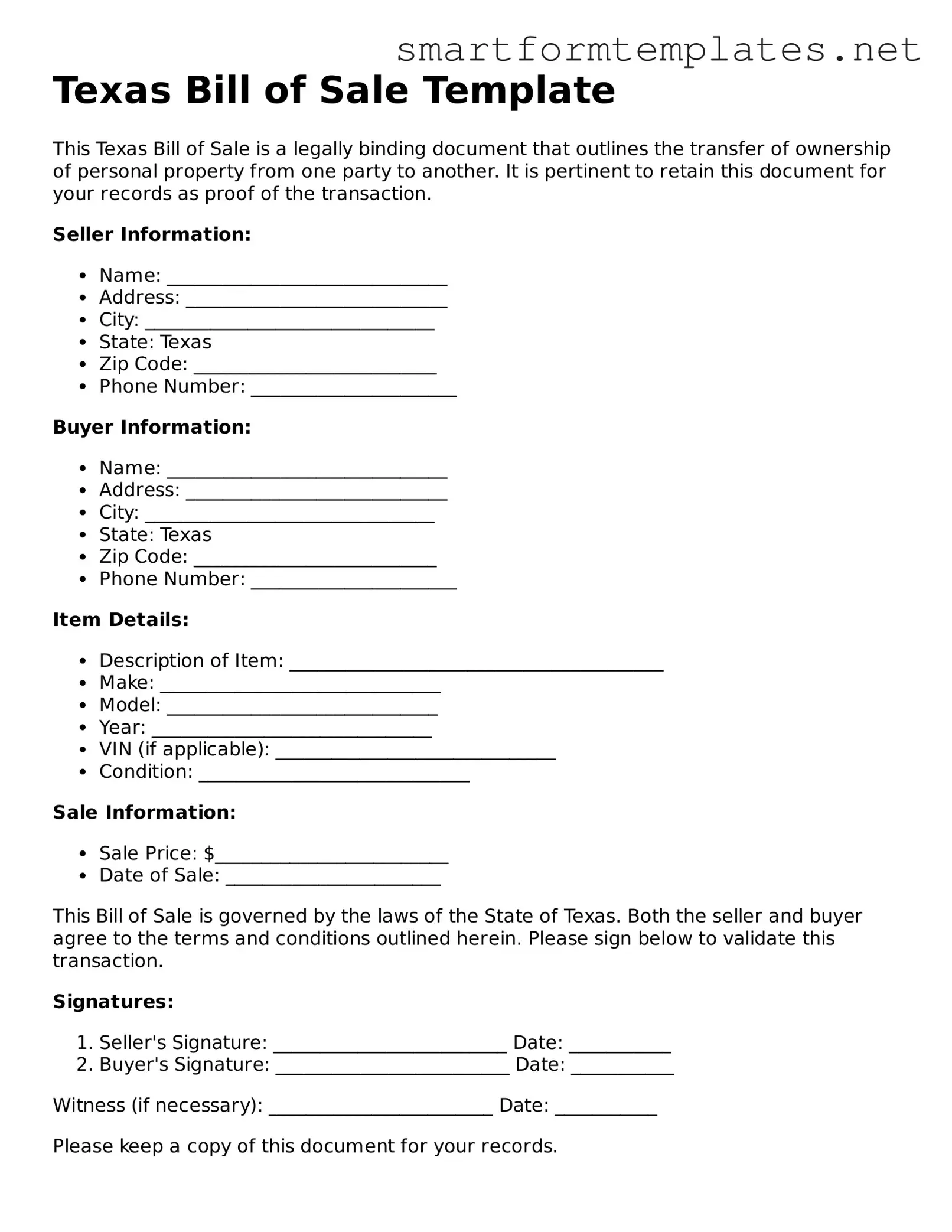 Official Texas Bill of Sale Form