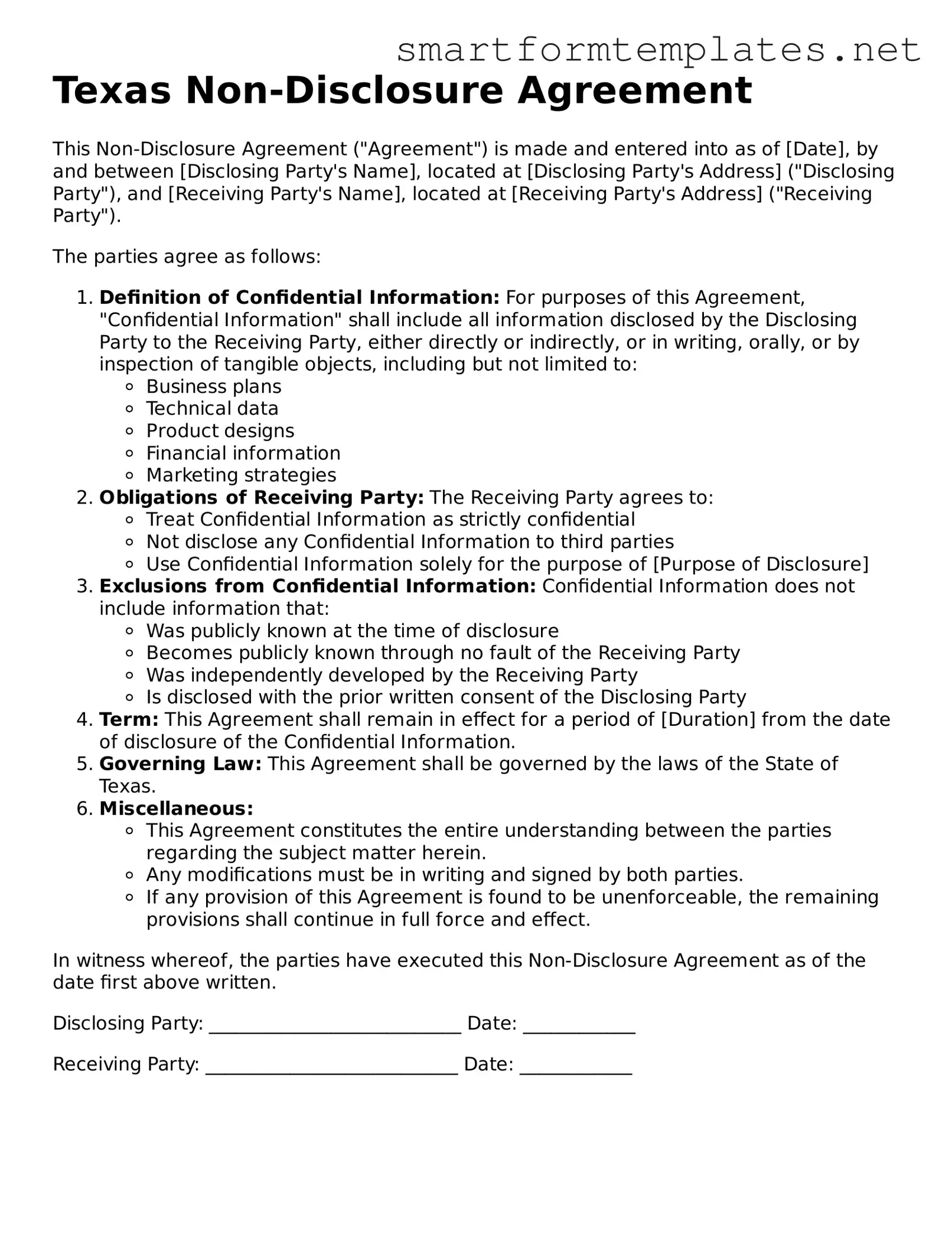 Official Texas Non-disclosure Agreement Form
