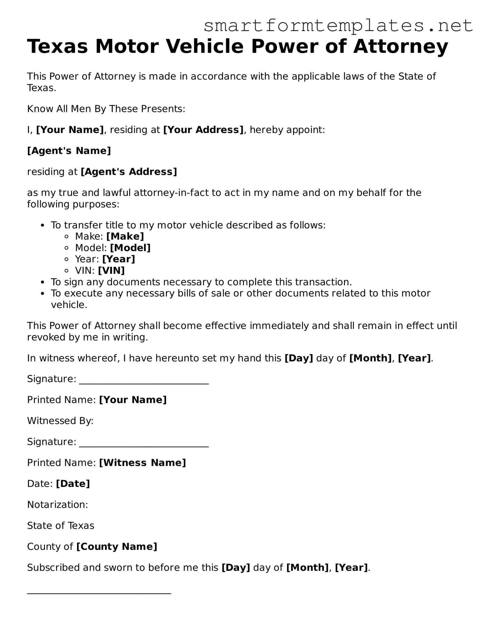 Official Texas Motor Vehicle Power of Attorney Form