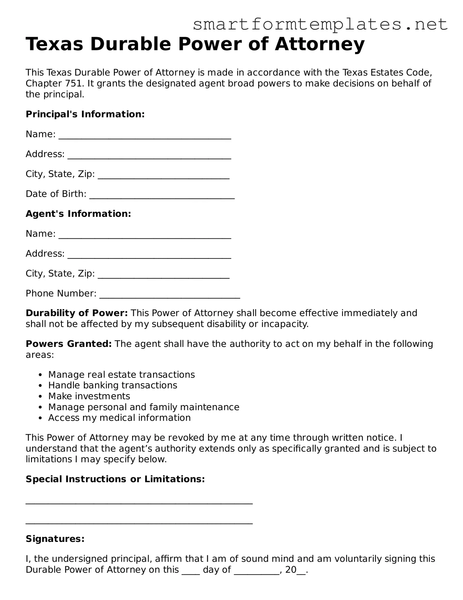Official Texas Durable Power of Attorney Form