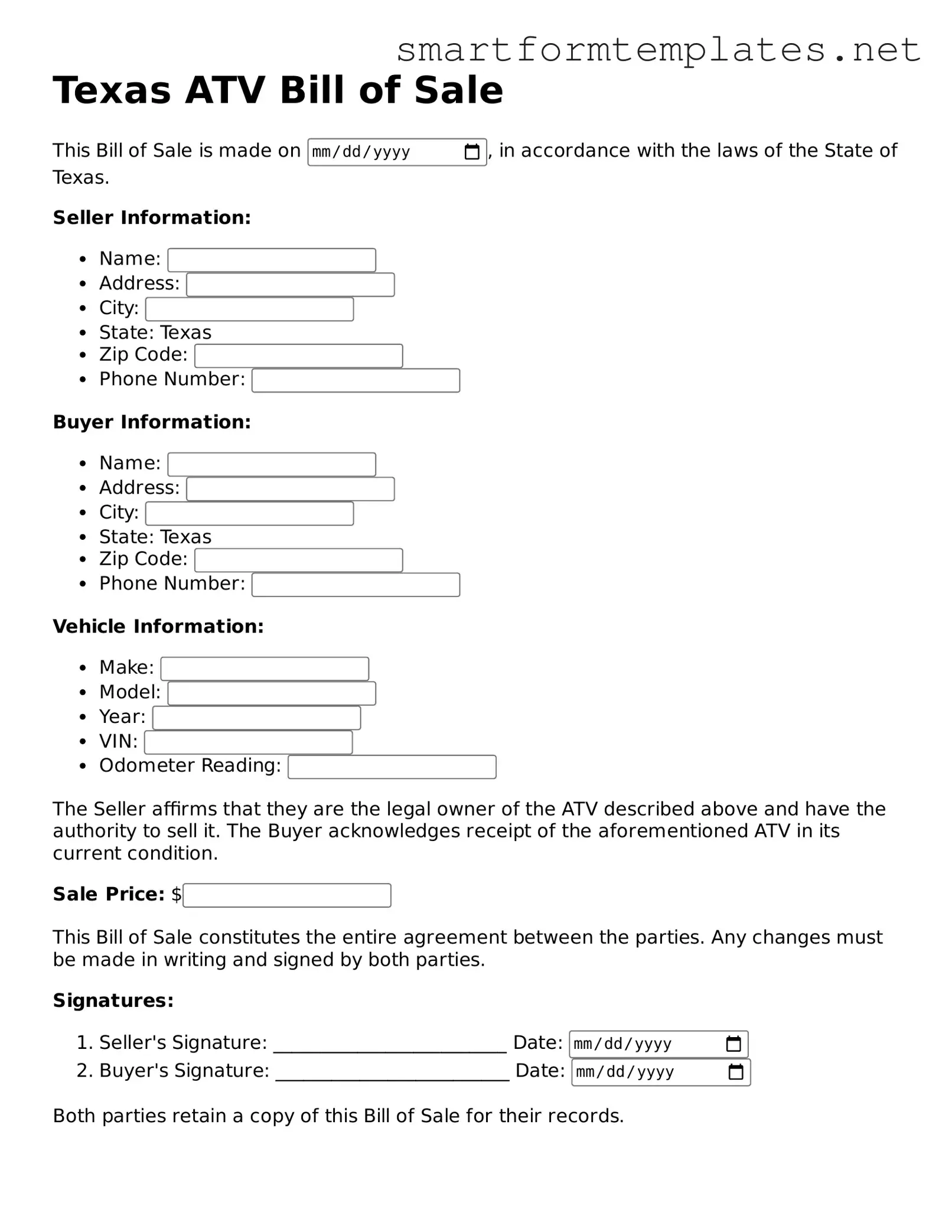 Official Texas ATV Bill of Sale Form