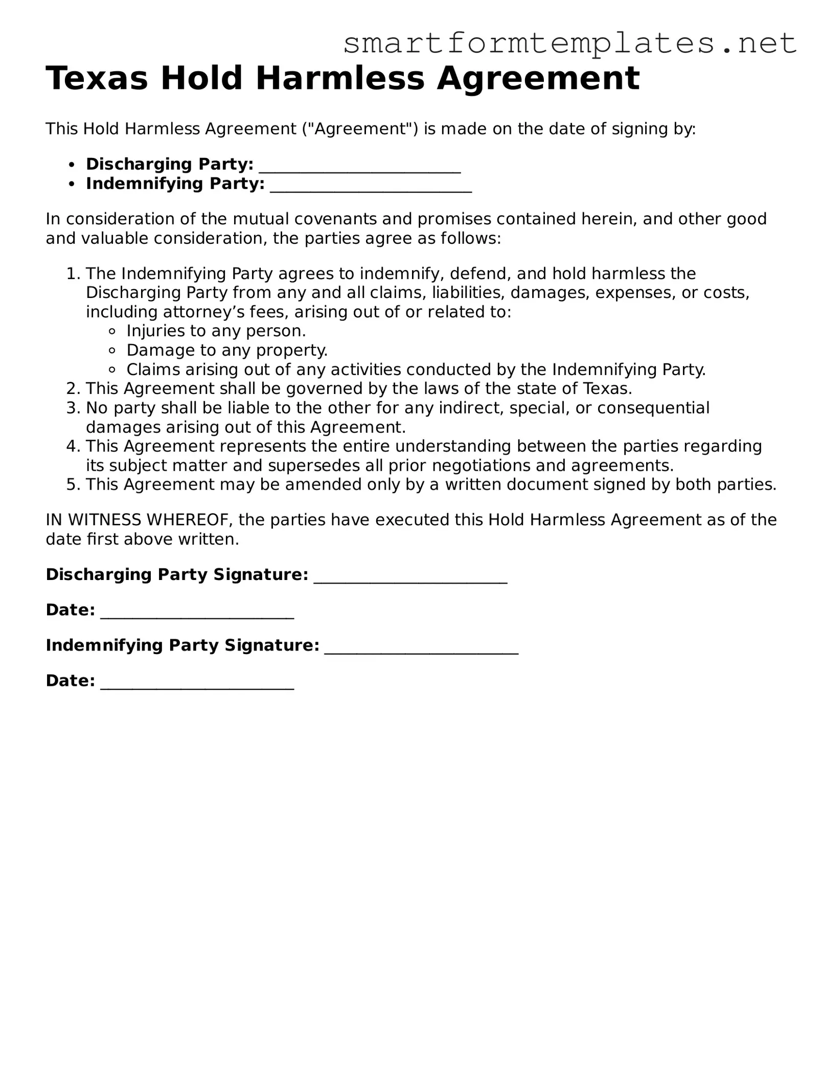 Official Texas Hold Harmless Agreement Form