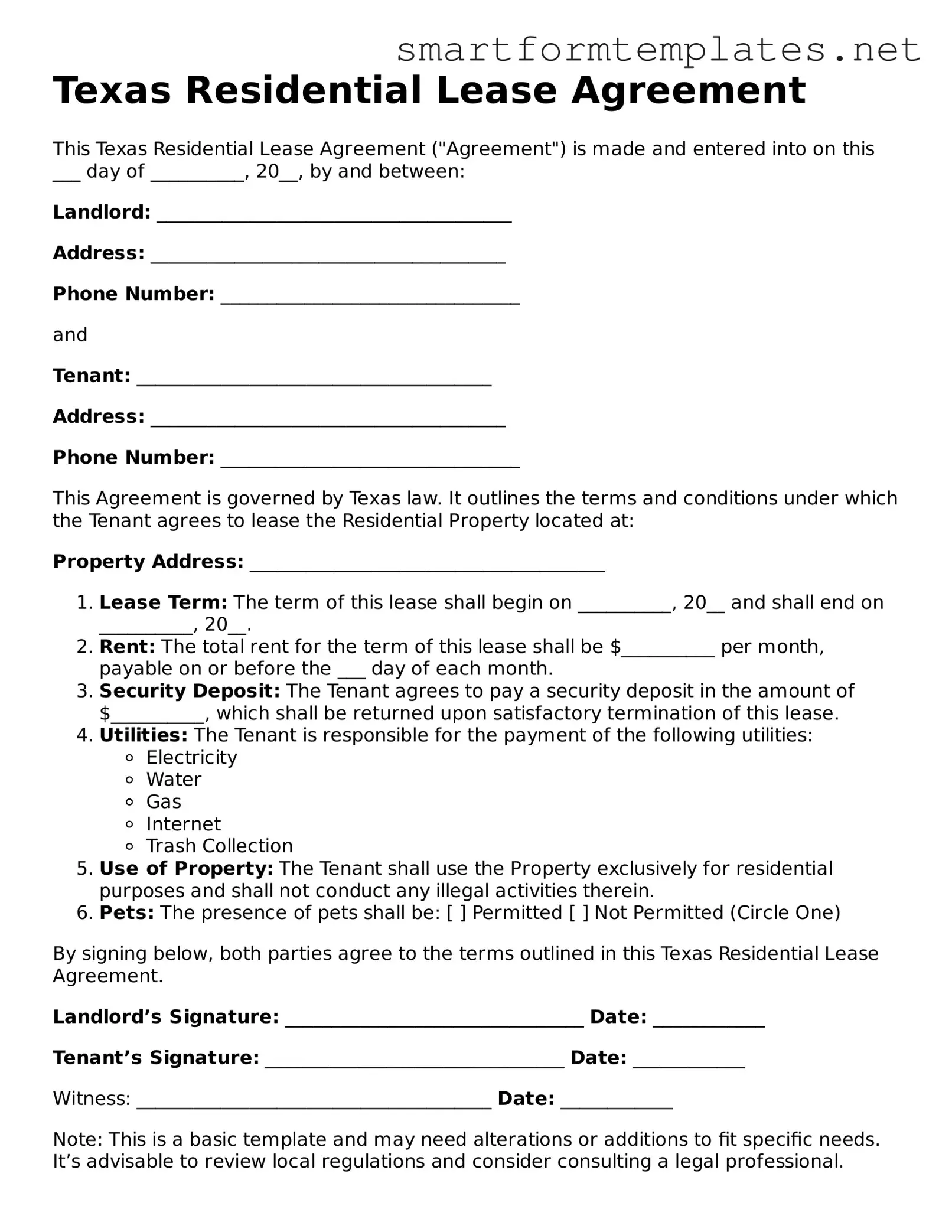Official Texas Residential Lease Agreement Form