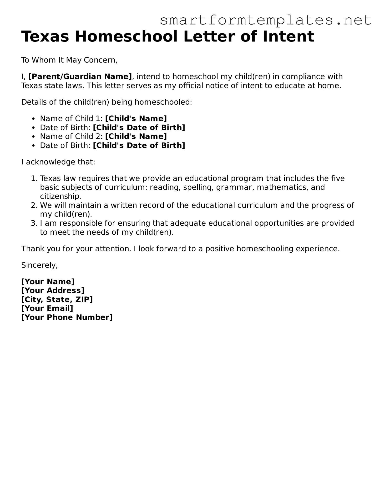 Official Texas Homeschool Letter of Intent Form