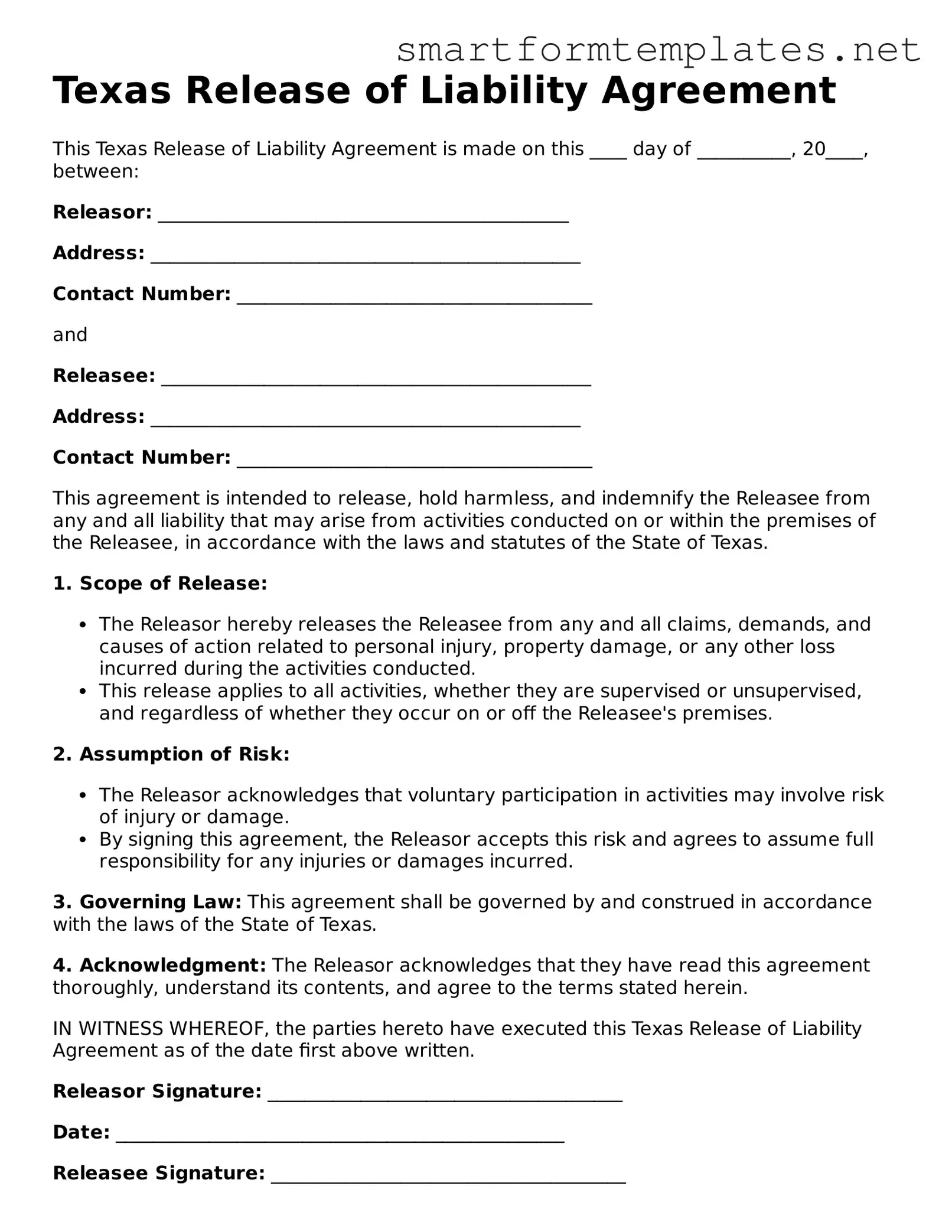 Official Texas Release of Liability Form