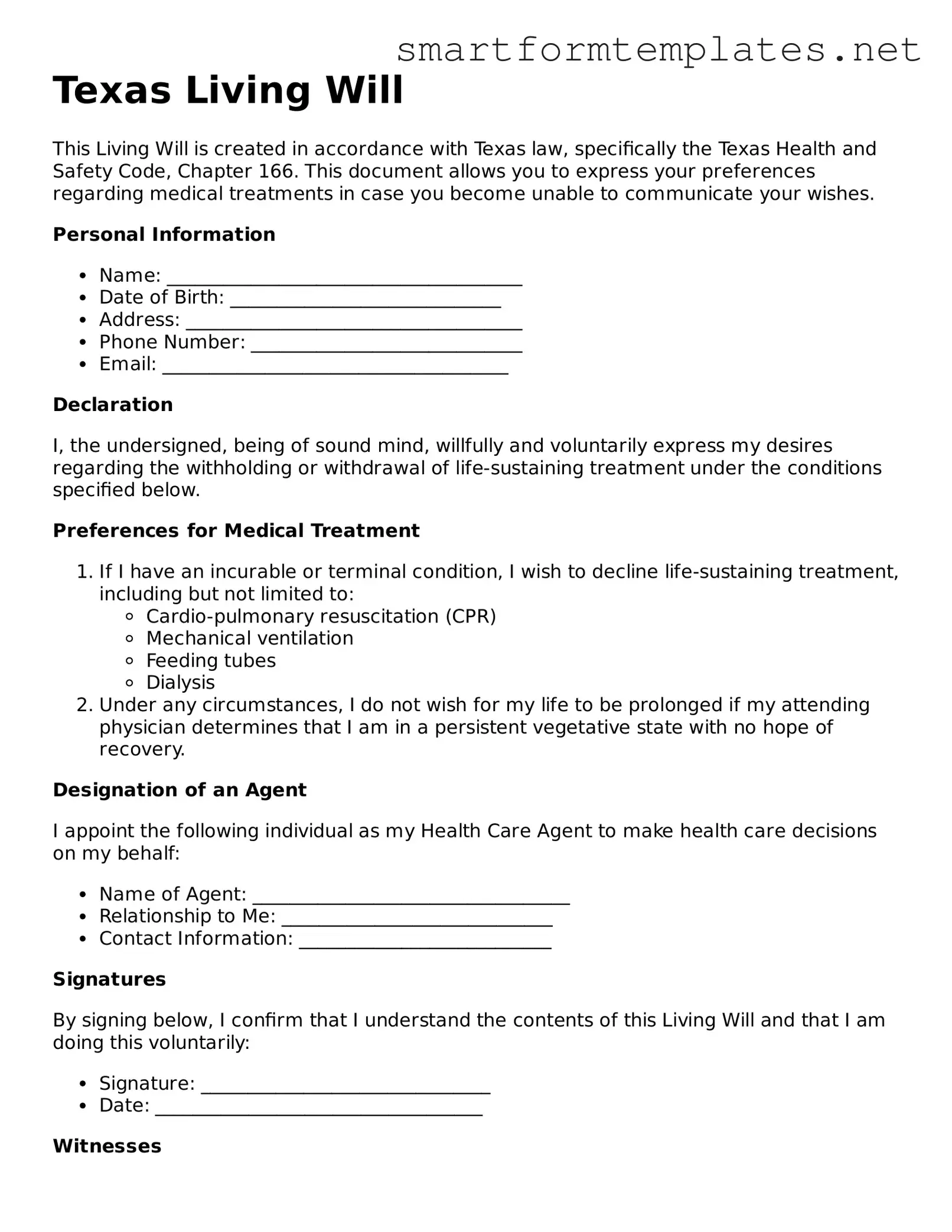Official Texas Living Will Form