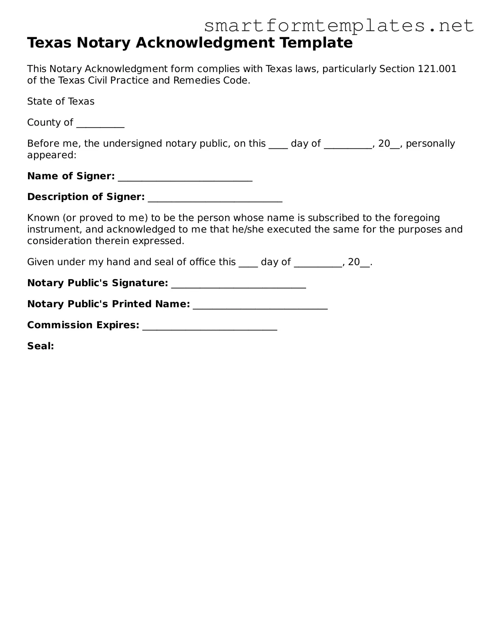 Official Texas Notary Acknowledgement Form
