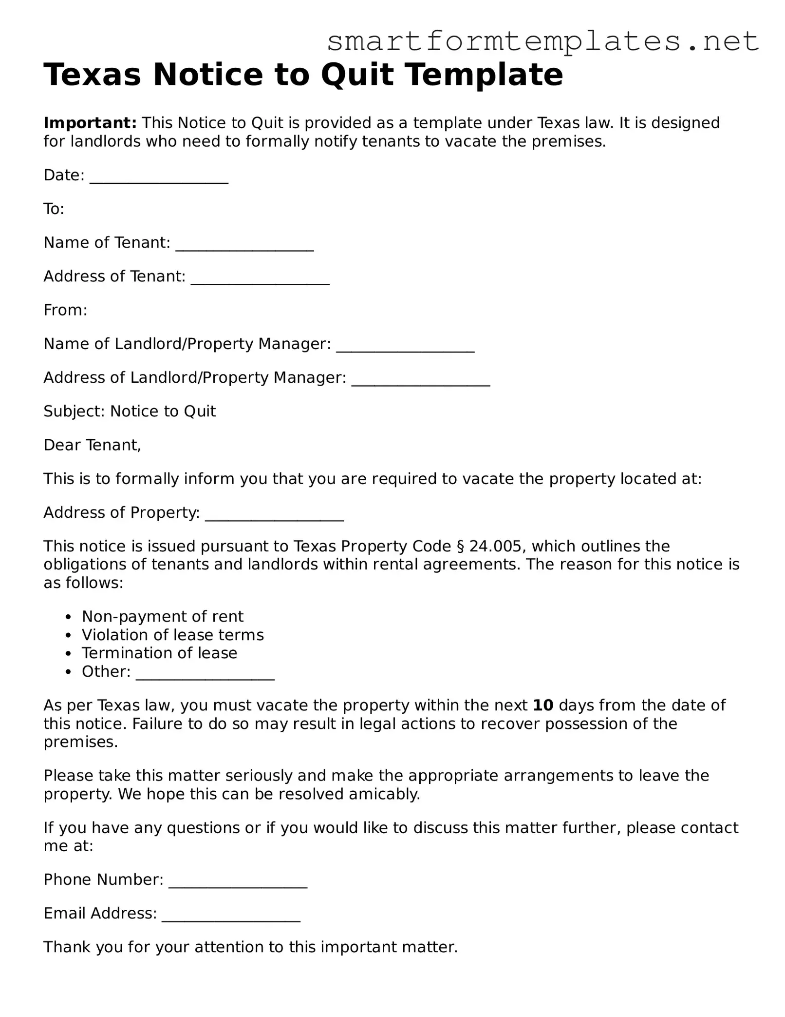 Official Texas Notice to Quit Form