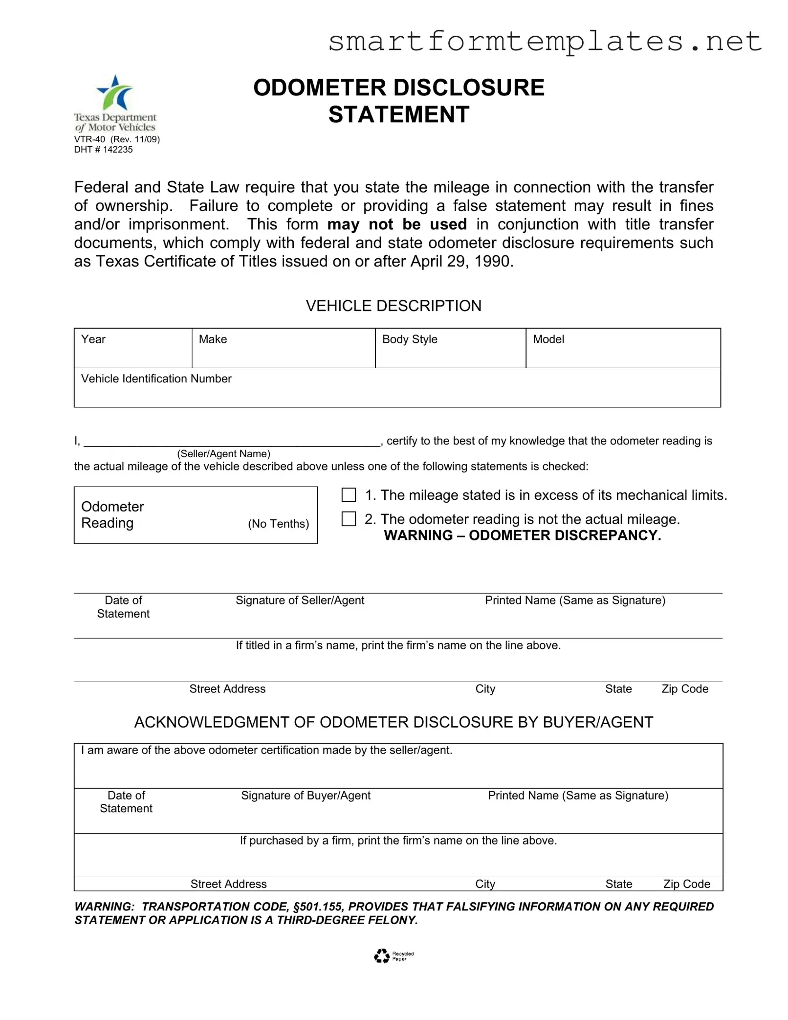 Free Texas Odometer Statement PDF Form