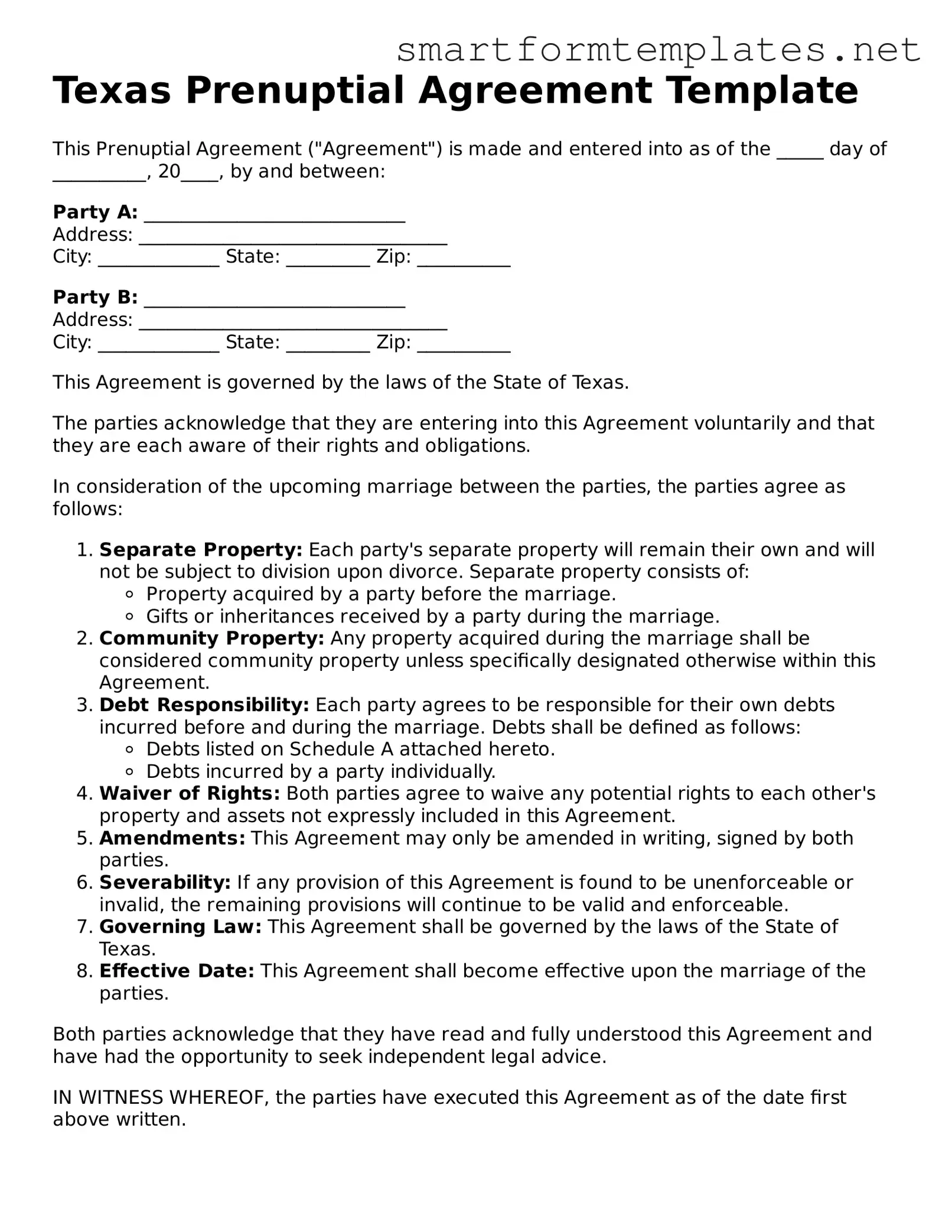 Official Texas Prenuptial Agreement Form