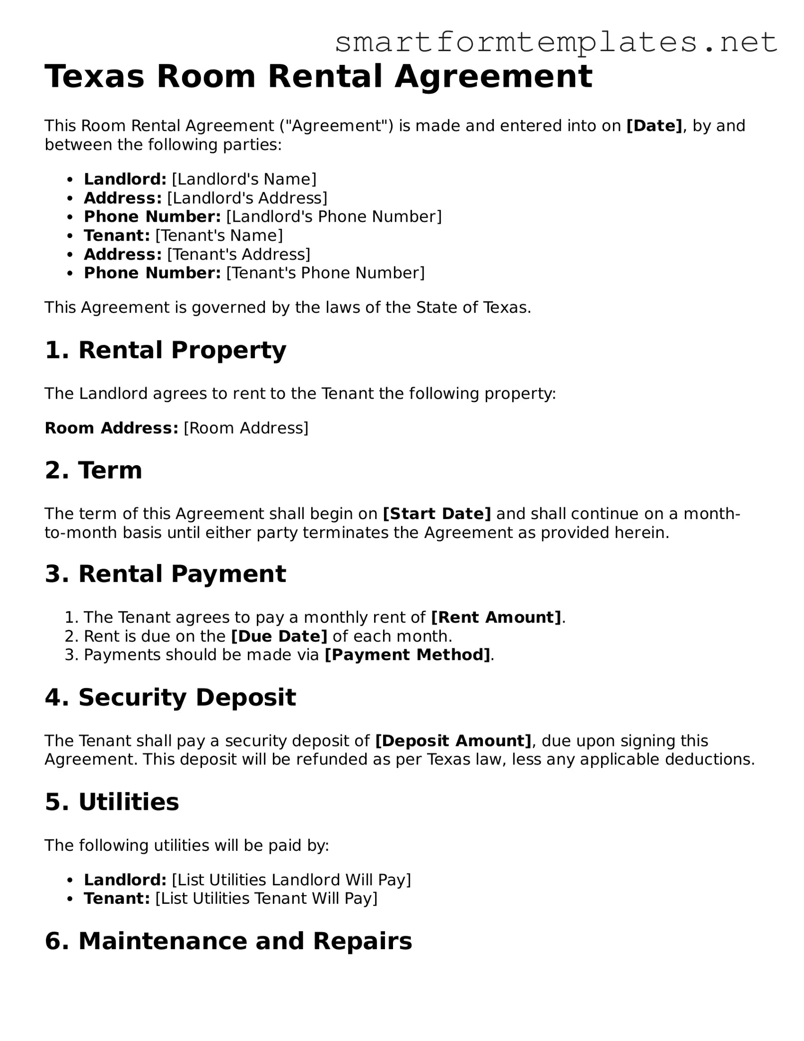 Official Texas Room Rental Agreement Form