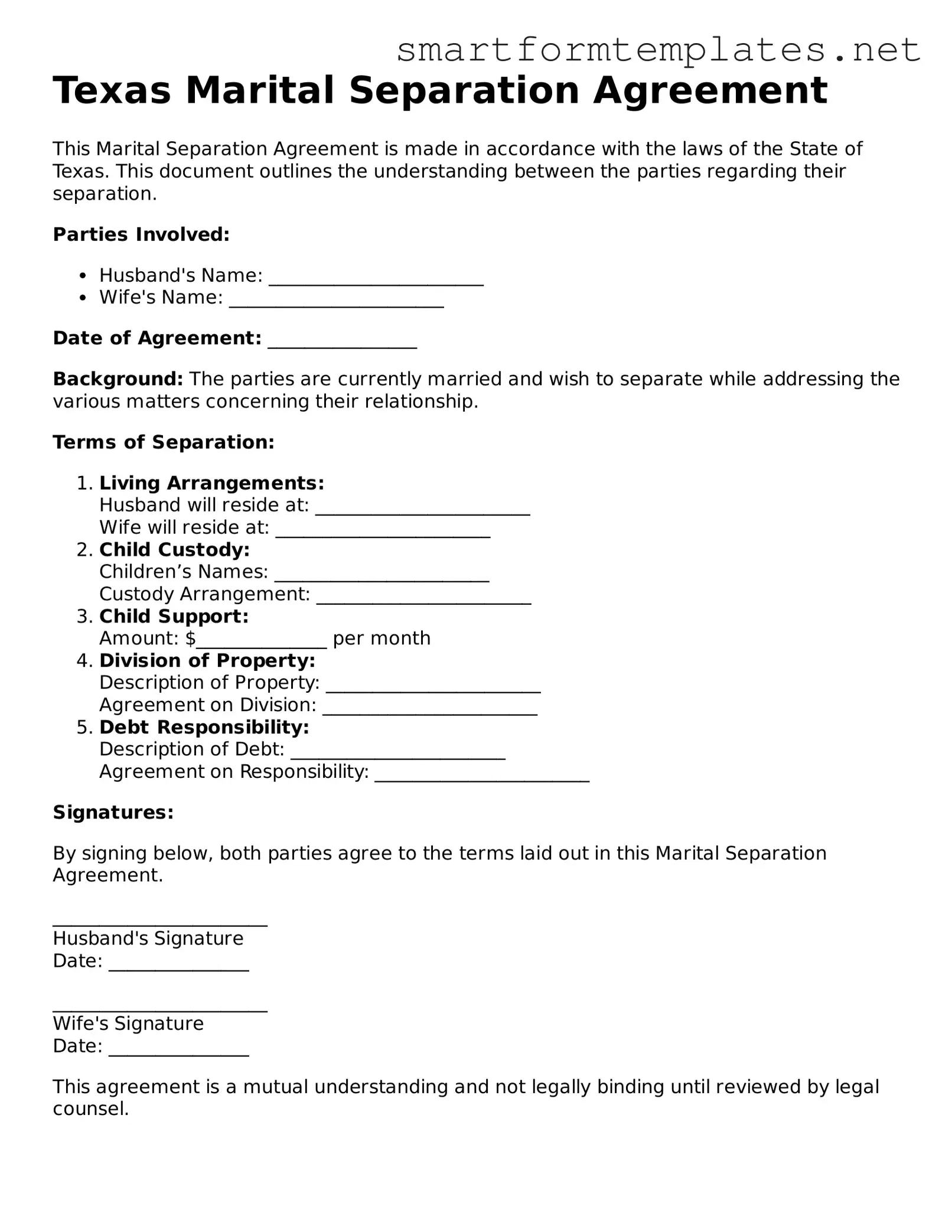 Official Texas Marital Separation Agreement Form