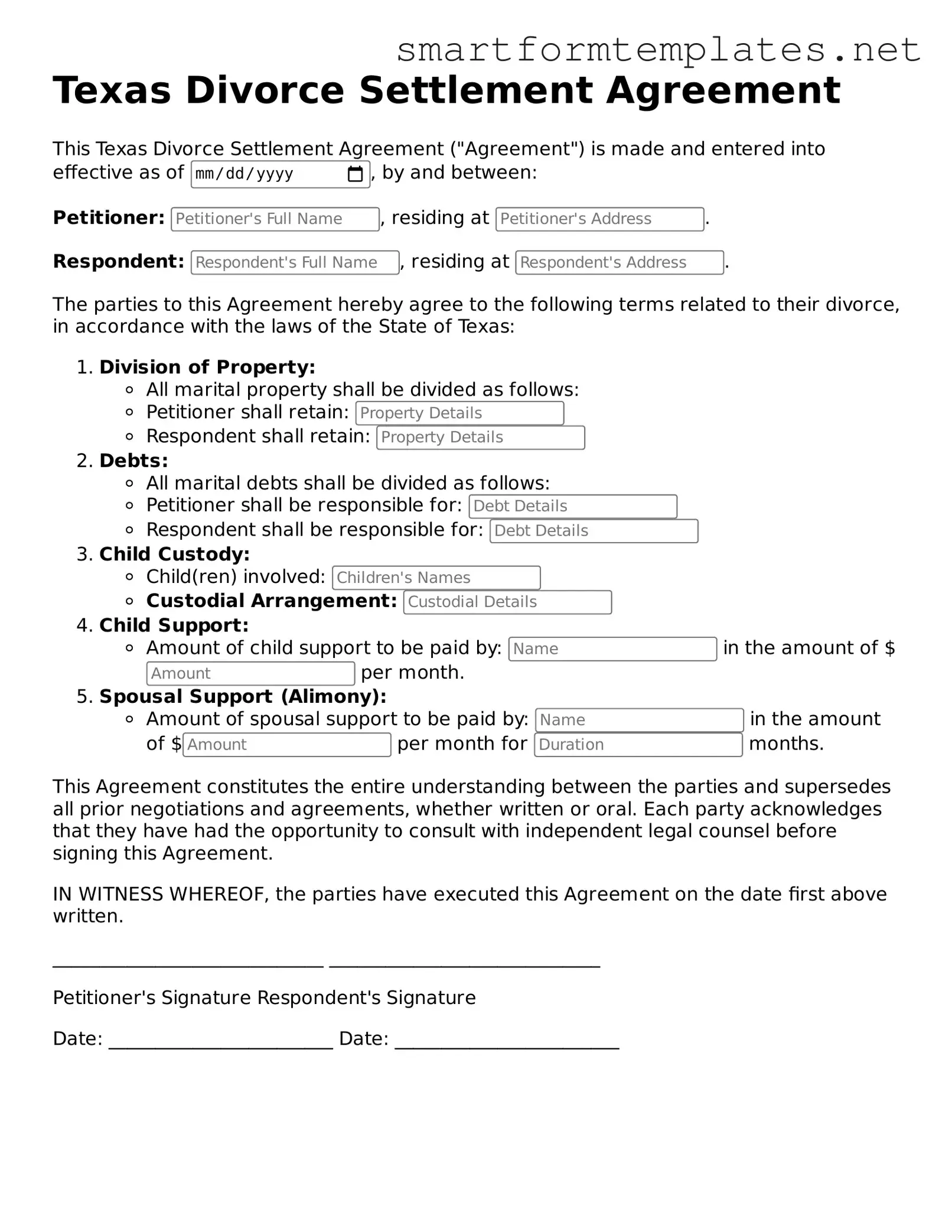 Official Texas Divorce Settlement Agreement Form