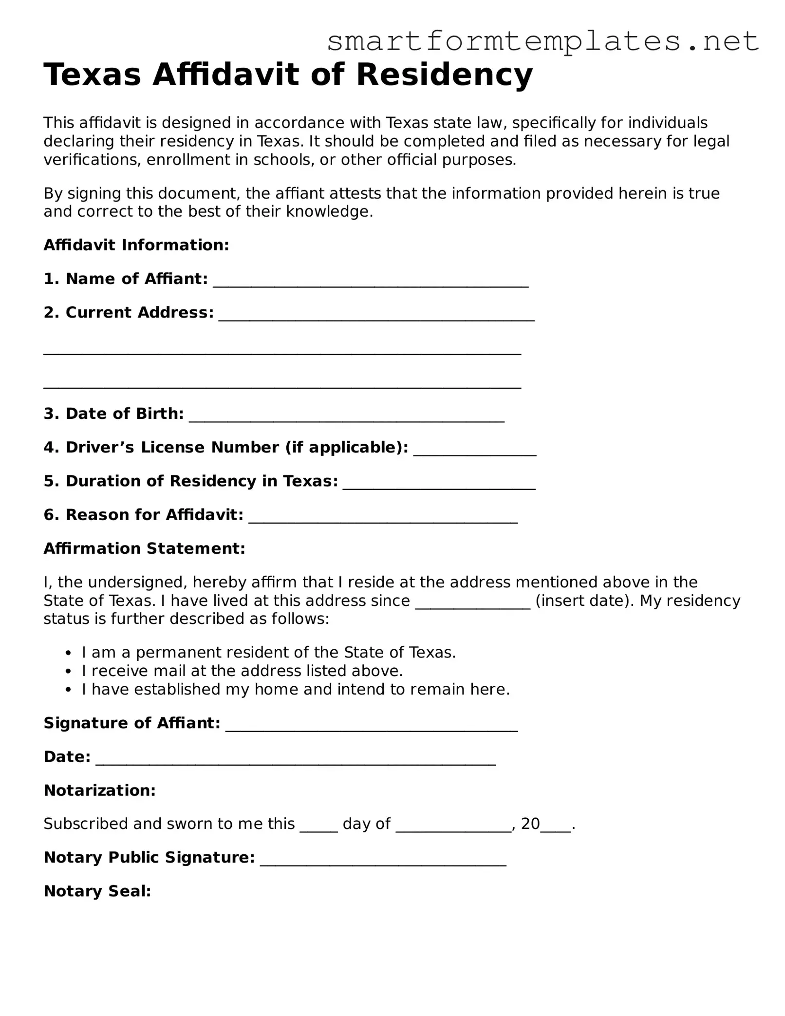 Official Texas Affidavit of Residency Form