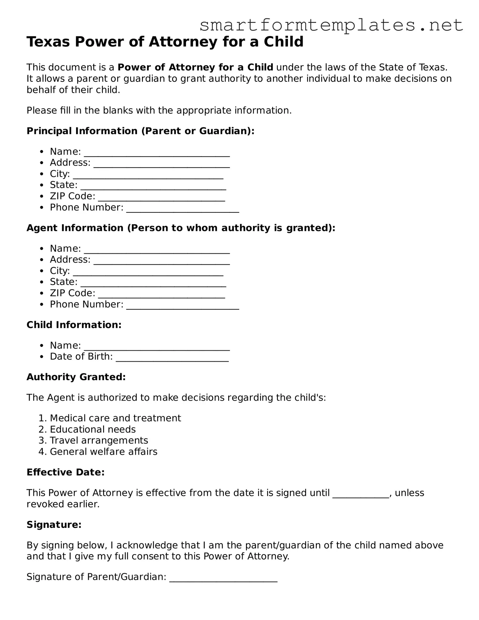 Official Texas Power of Attorney for a Child Form
