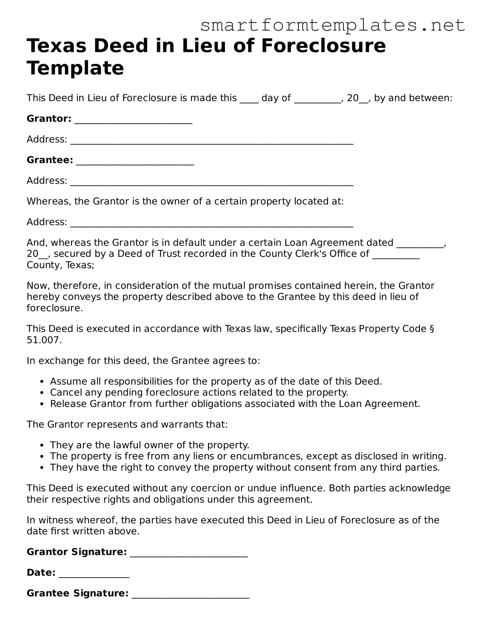 Official Texas Deed in Lieu of Foreclosure Form