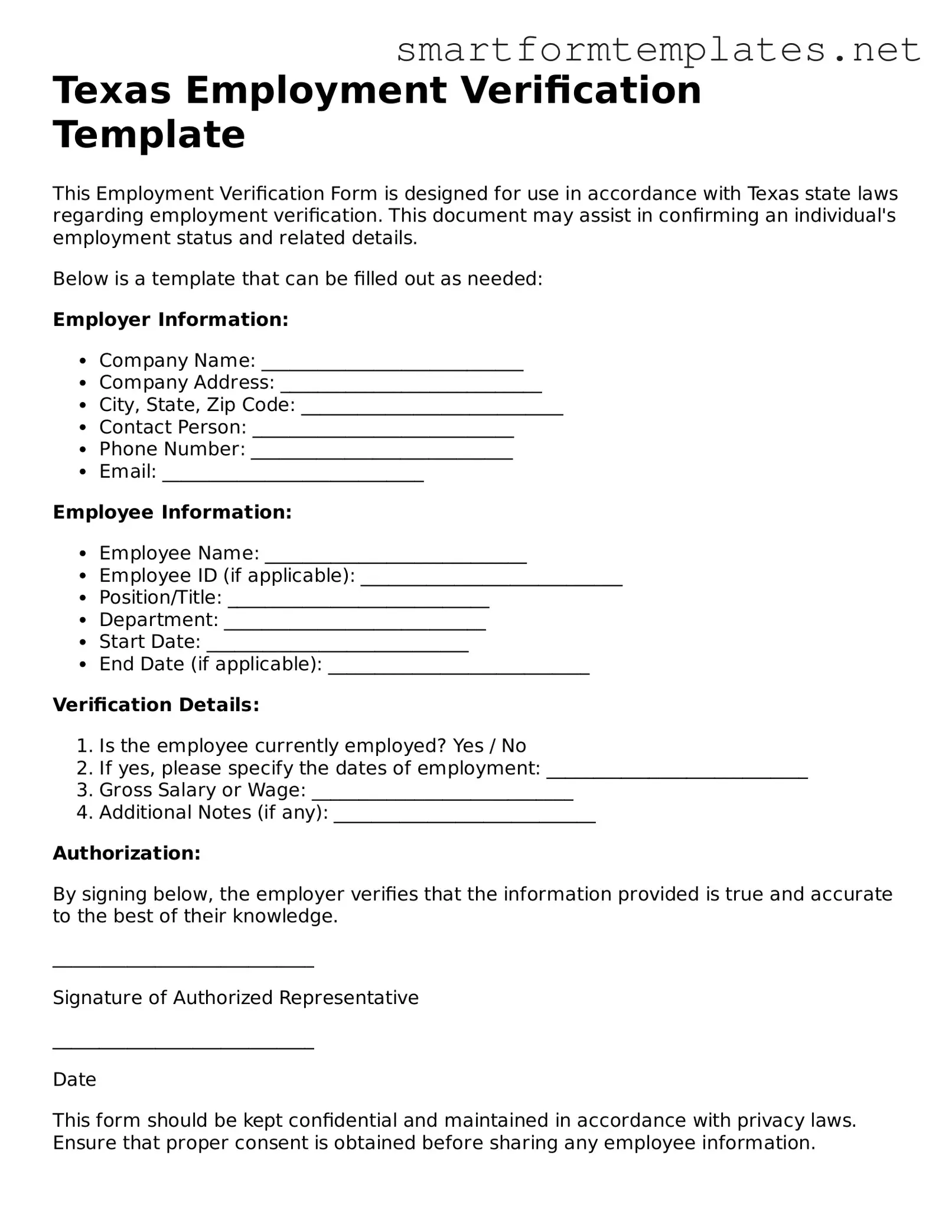 Official Texas Employment Verification Form