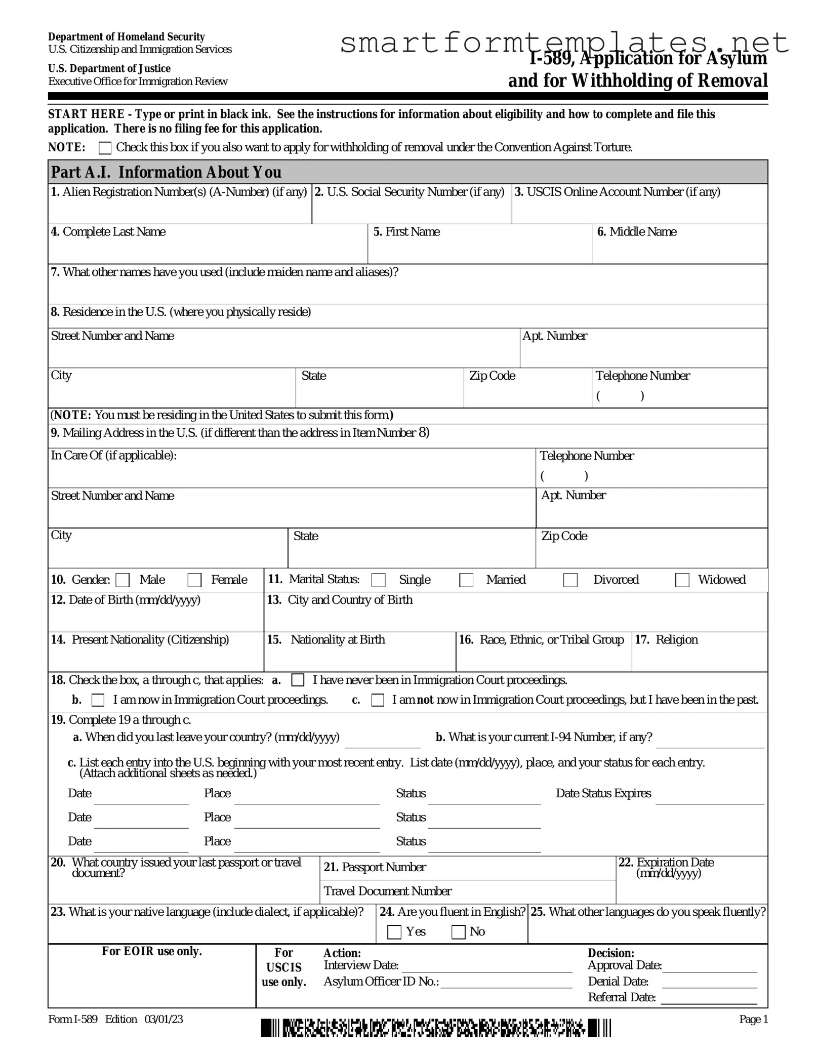 Free USCIS I-589 PDF Form