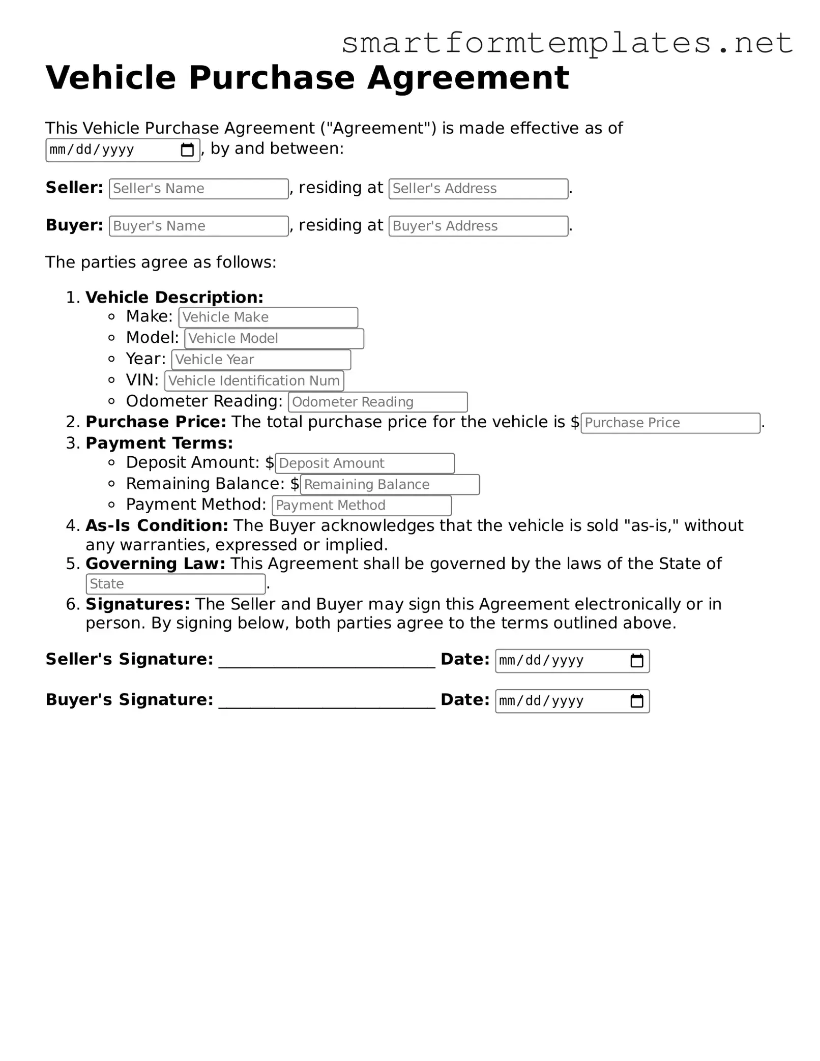 Vehicle Purchase Agreement Template