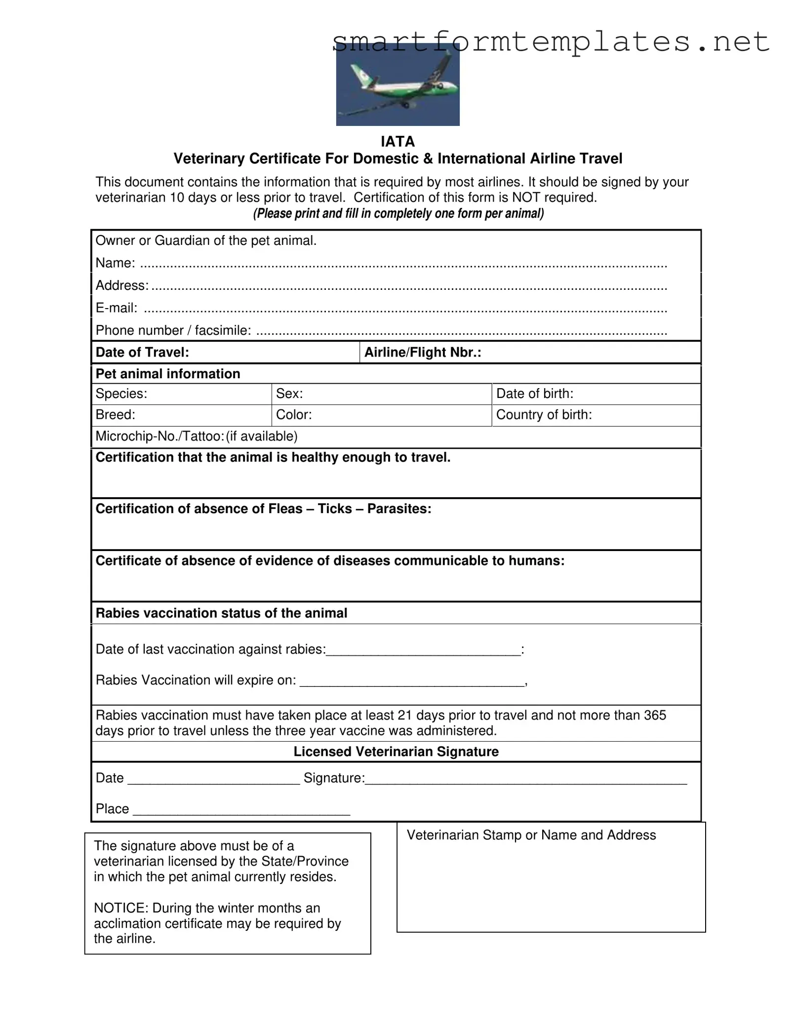 Free Veterinary Certificate Travel PDF Form