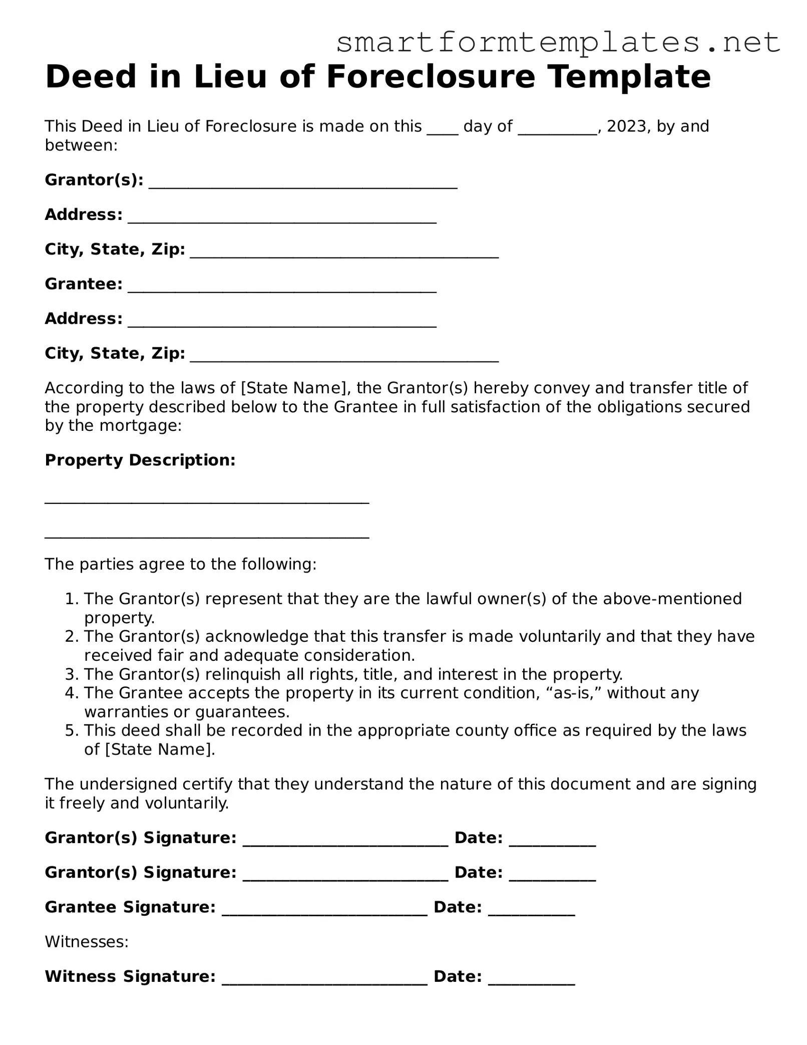 Deed in Lieu of Foreclosure Template
